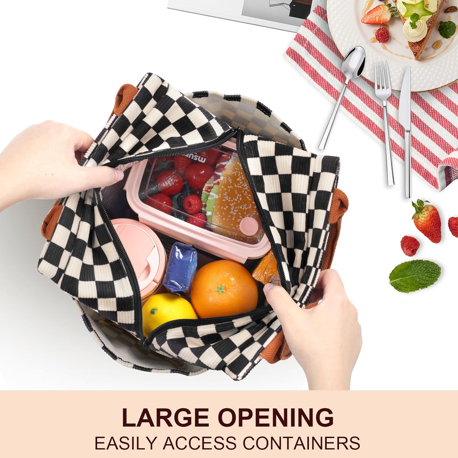 Joymee Lunch Bag Women Insulated Lunch Box Corduroy Checker Reusable Leakproof Large Capacity Lunch Tote Bag for Women Men Adult with Side Pockets and Bottle Holder for Work - Corduroy Checker Black