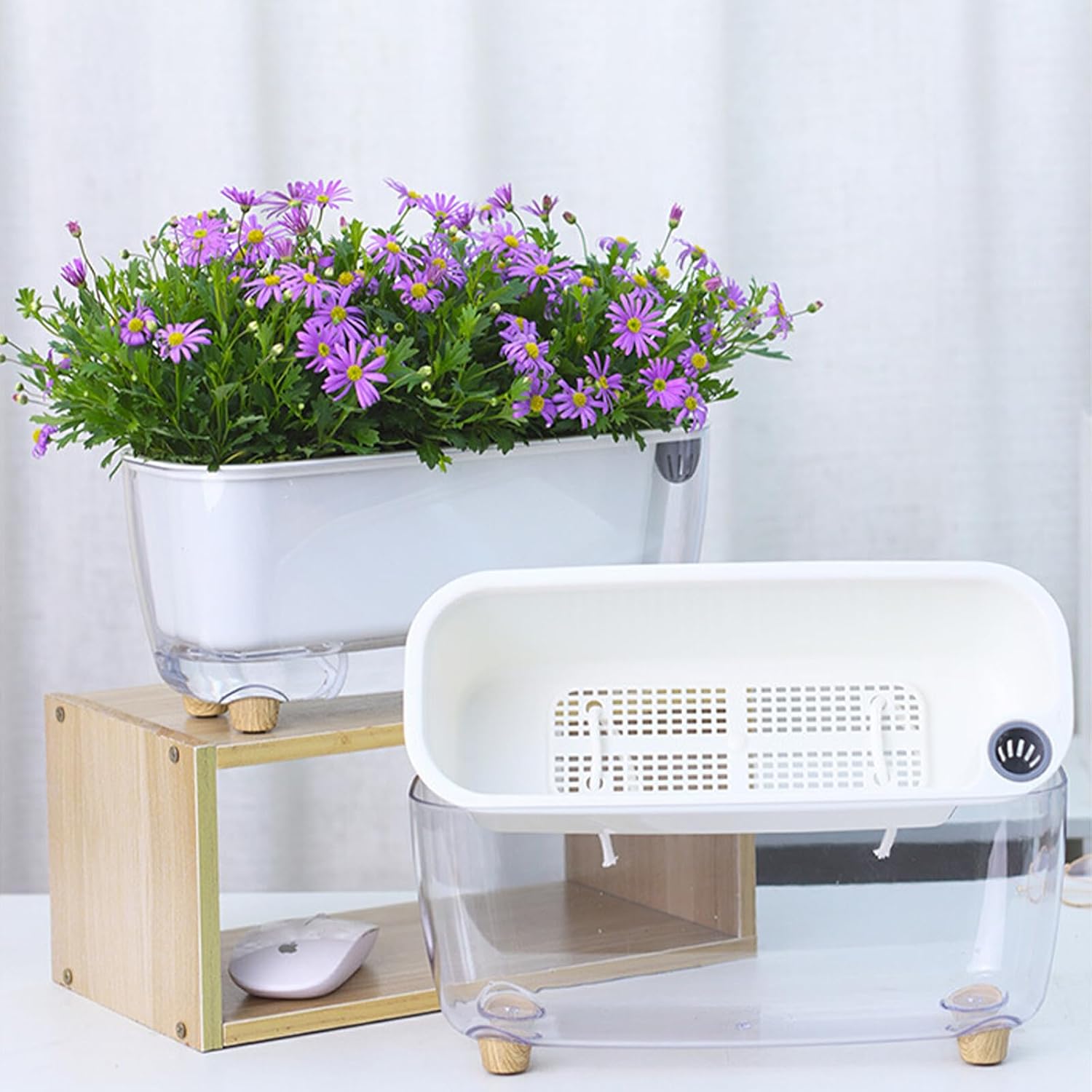 Derefine Rectangular Planter 11.8 x 4.6 in Self Watering Planter, Rectangle Planter Self Watering Pots Plastic Plant pots, Decorative Planter Pot for All House Plants Flowers Herbs(Transparent)