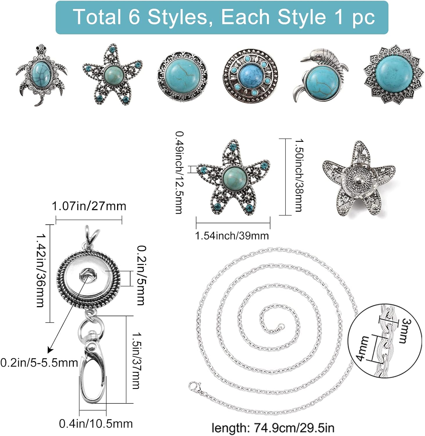 SUNNYCLUE 1 Box Teacher Lanyards for ID Badges, Fancy Lanyard for Women, Synthetic Turquoise ID Badge Holder Turtle Snap Buttons Stainless Steel Badge Holders Necklace Kit