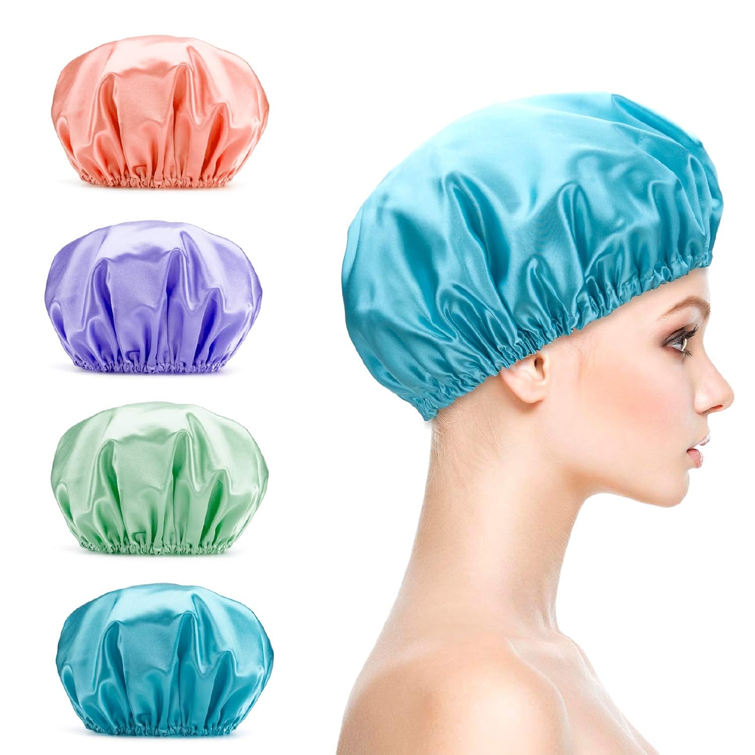 Titanker Shower Cap for Women Reusable Waterproof, 4-Pack EVA Double Layer Hair Cap for Shower, Bathing Hair Caps for Women girls kids, Medium Size (Green, Purple, Pinkish Orange, Blue）
