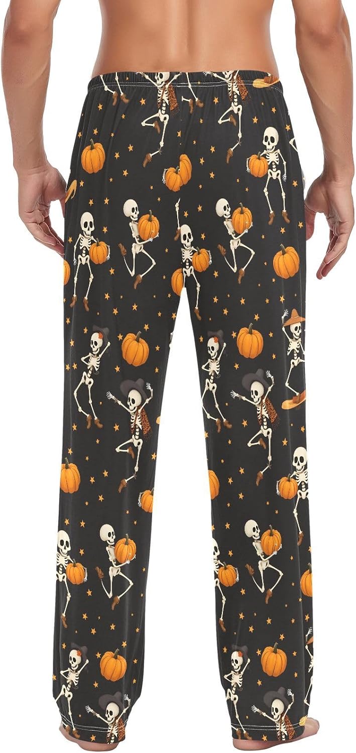 ALAZA Skull Pumpkin Star Pattern Men's Pajama Pants Men Cotton Pajama Bottoms with Pockets, S