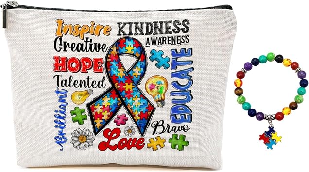 Autism Puzzle Ribbon Makeup Bag for Women Teacher Mom, Large Capacity Makeup Pouch Travel Organizer Toiletry Cosmetic Bag, Autistic Puzzle Elastic Natural Stone Beaded Bracelet, Gifts for Women 2