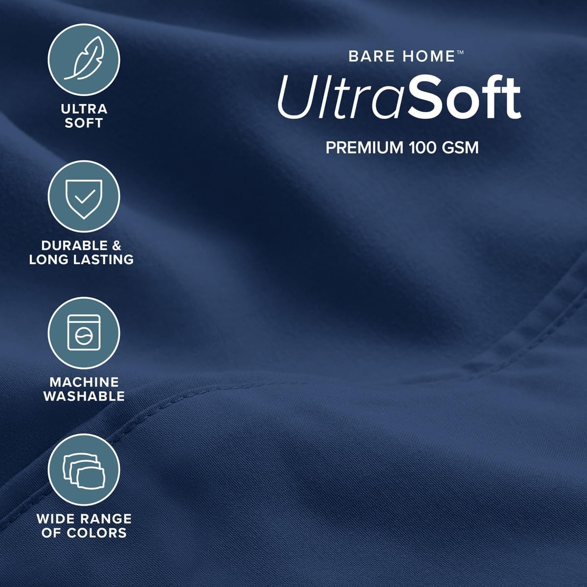 Bare Home Sheet Set 1800 Ultra-Soft with 4 Pillowcases (Queen, Dark Blue) | 6 Piece Set, Deep Pockets 6 to 15 Inches, 1800 Ultra-Soft, Double Brushed, Hotel Luxury image 3