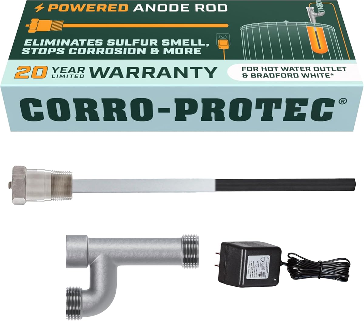 Corro-Protec Powered Anode Rod for Bradford White Water Heater and Hot Water Outlet Installation, Eliminates Rotten Egg/Sulfur Smell within 24 hours and Stops Corrosion Inside Tank, 20-Year Warranty