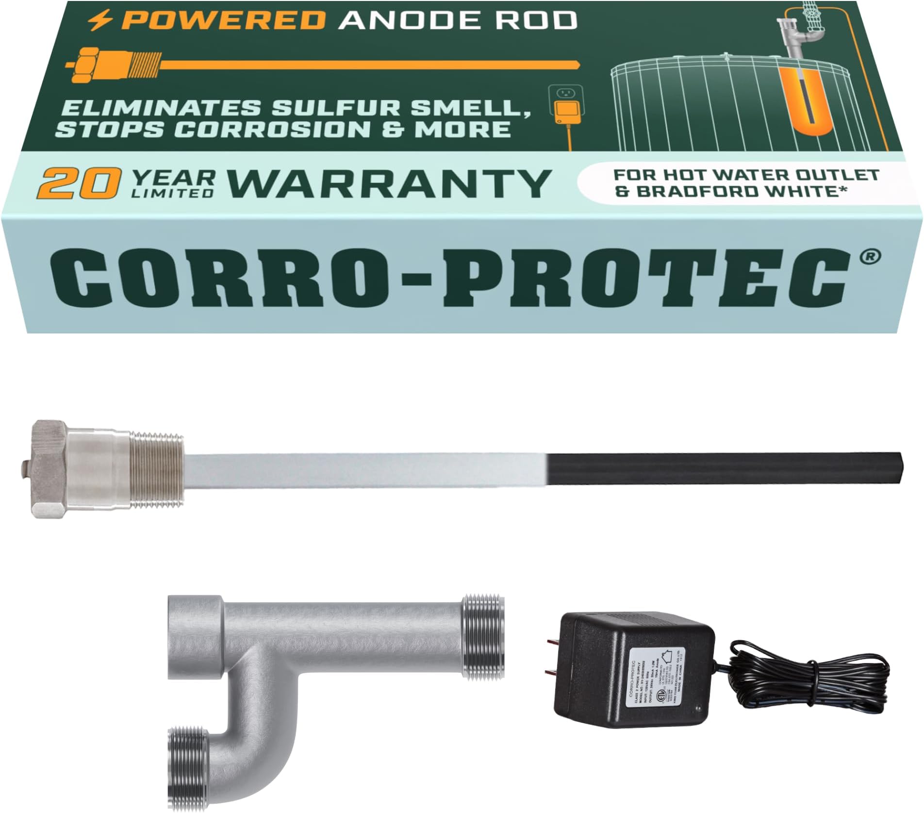 Powered Anode Rod for Bradford White Water Heater and Hot Water Outlet Installation, Eliminates Rotten Egg/Sulfur Smell within 24 hours and Stops Corrosion Inside Tank, 20-Year Warranty