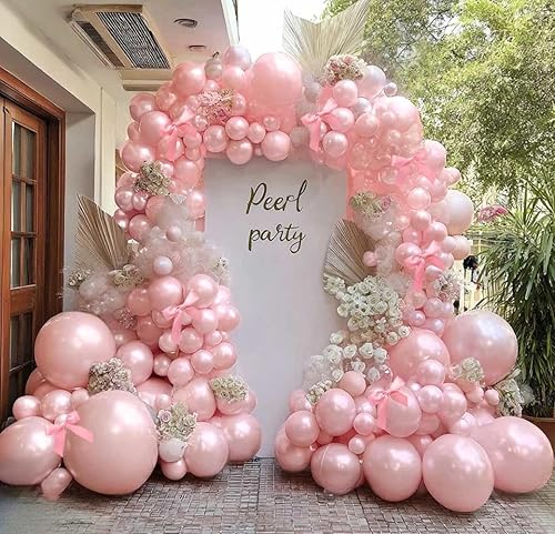 Pearl Pink Balloons Different Sizes Double Stuffed Pastel Baby Pale Pink Pearl Balloon Arch Garland Kit 18/12/5in with Bow for Bridal Wedding Birthday Baby Shower Coquette Party Decorations