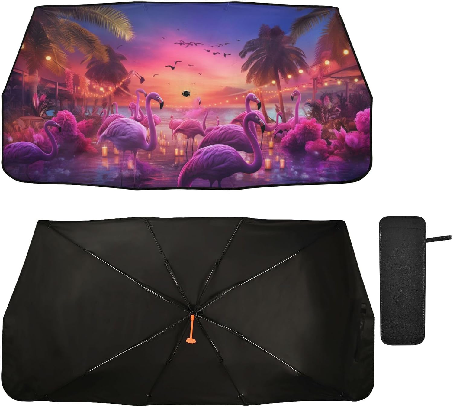 Car Umbrella Sun Shade Cover, Beach Flamingo Umbrella Sun Shade for Car Truck Window Front Windshield, Blocks UV Rays Sun Visor Protector Sun Heat Reflector to Keep Your Vehicle Cool