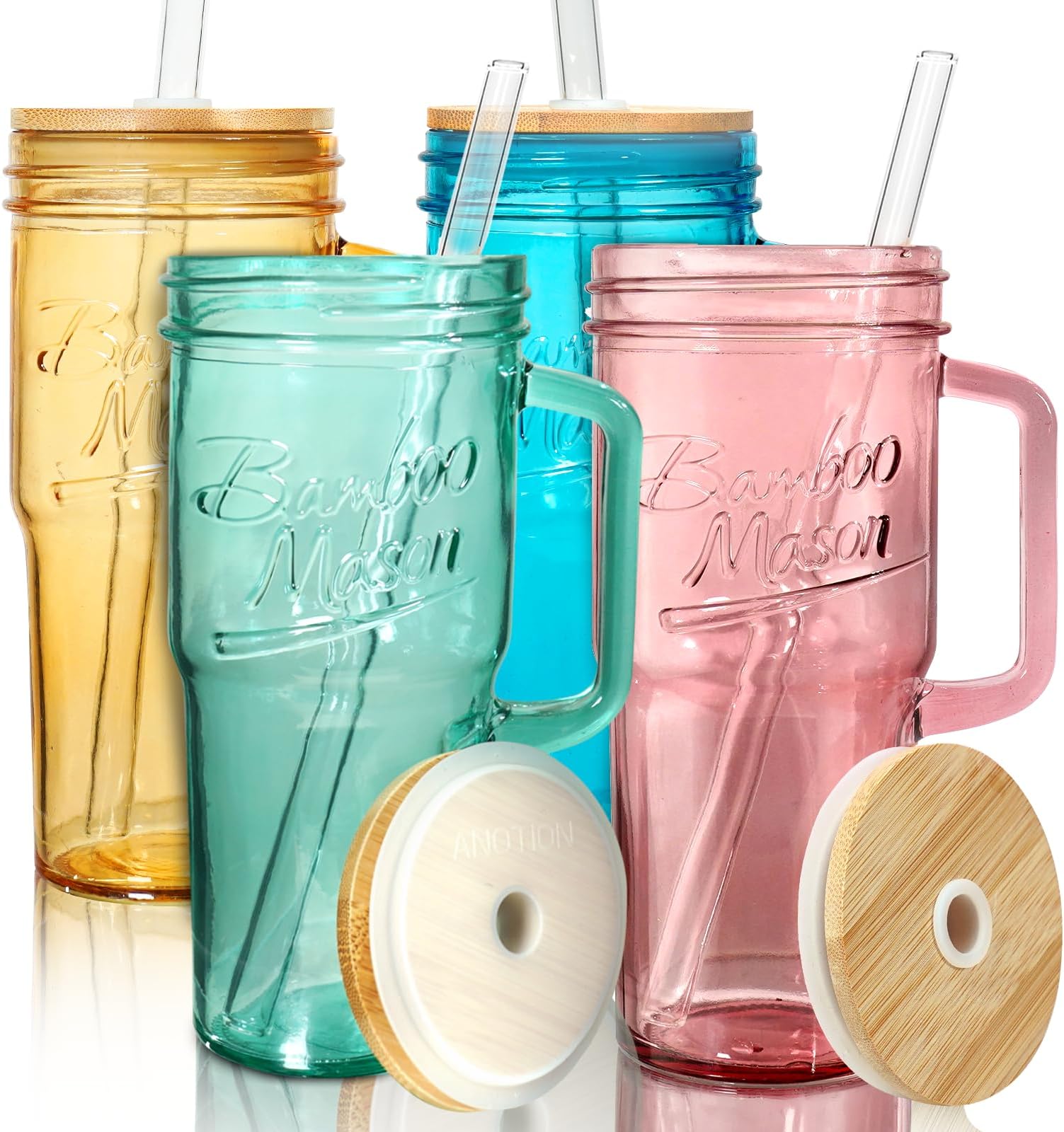 Colored Glass Cups with Handle Set of 4, 24oz Glass Cups with Lids and Straws Travel Coffee Mug Bamboo Mason Jar Iced Cup Smoothie Tea Clear Cute Water Drinking Jars Glasses