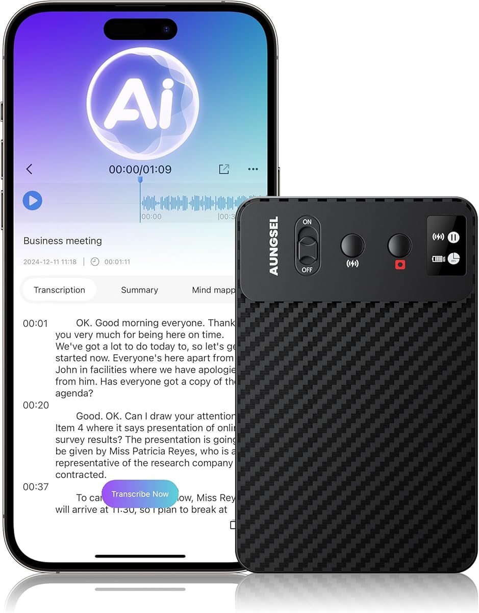 AI Voice Recorder, Transcribe & Summarize AI Audio Recorder, Support 121 Languages, 64GB Memory, Wireless Charging, App/Web Control, Digital Recording Device for Lectures, Meetings, Calls, Black