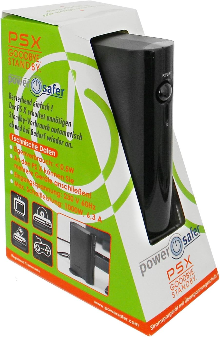 Power Adapter UK Plug PSX Save Energy for TV, DVD, Home Cinema, Music Center, Game Console - 230V, 460W, Red, 1 Unit