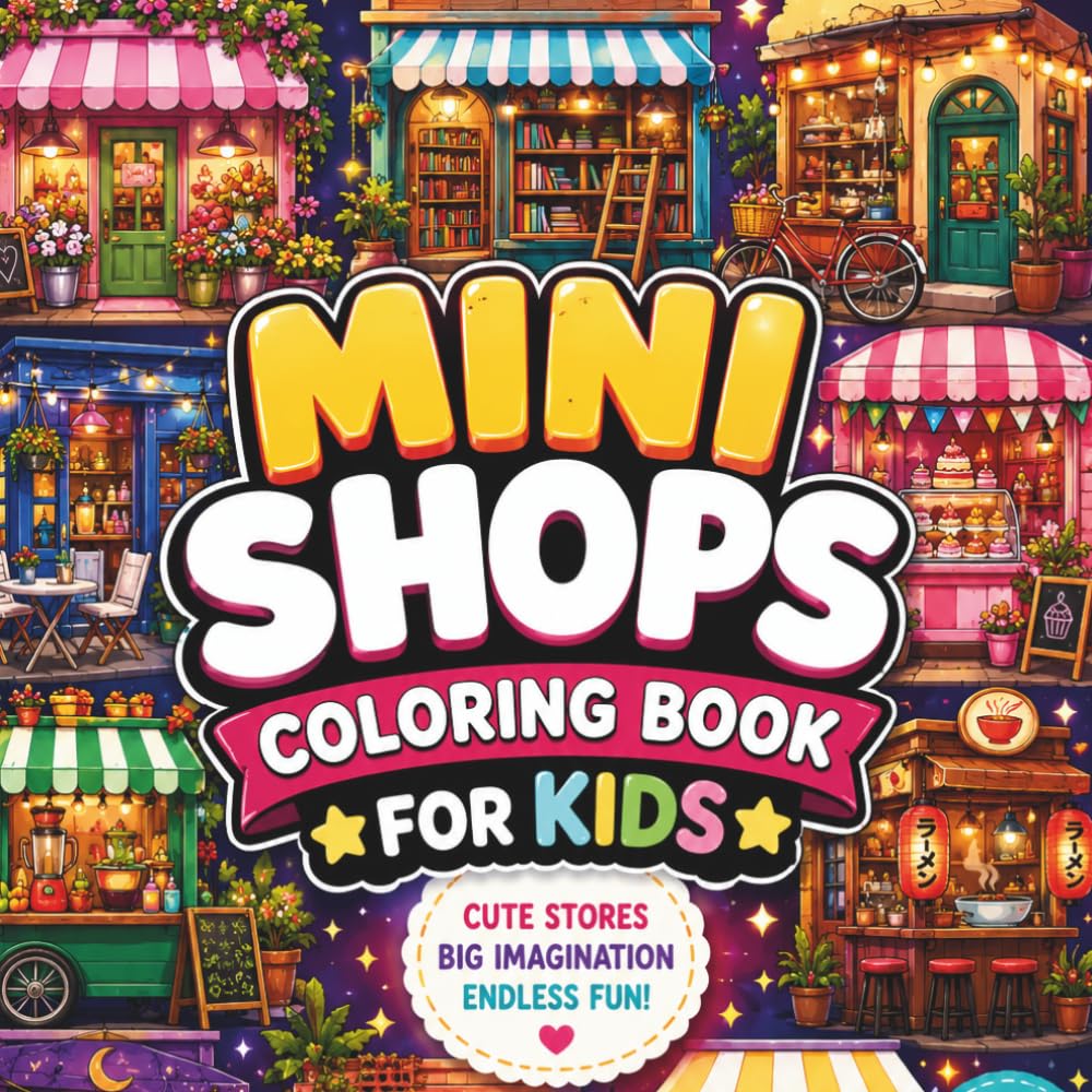 Mini Shops Coloring Book for Kids: Cute Cozy Stores, Tiny Shop Adventures, Fun Places to Color, Relaxing and Creative Coloring Pages for Kids Ages 4-8, 6-8, 8-12