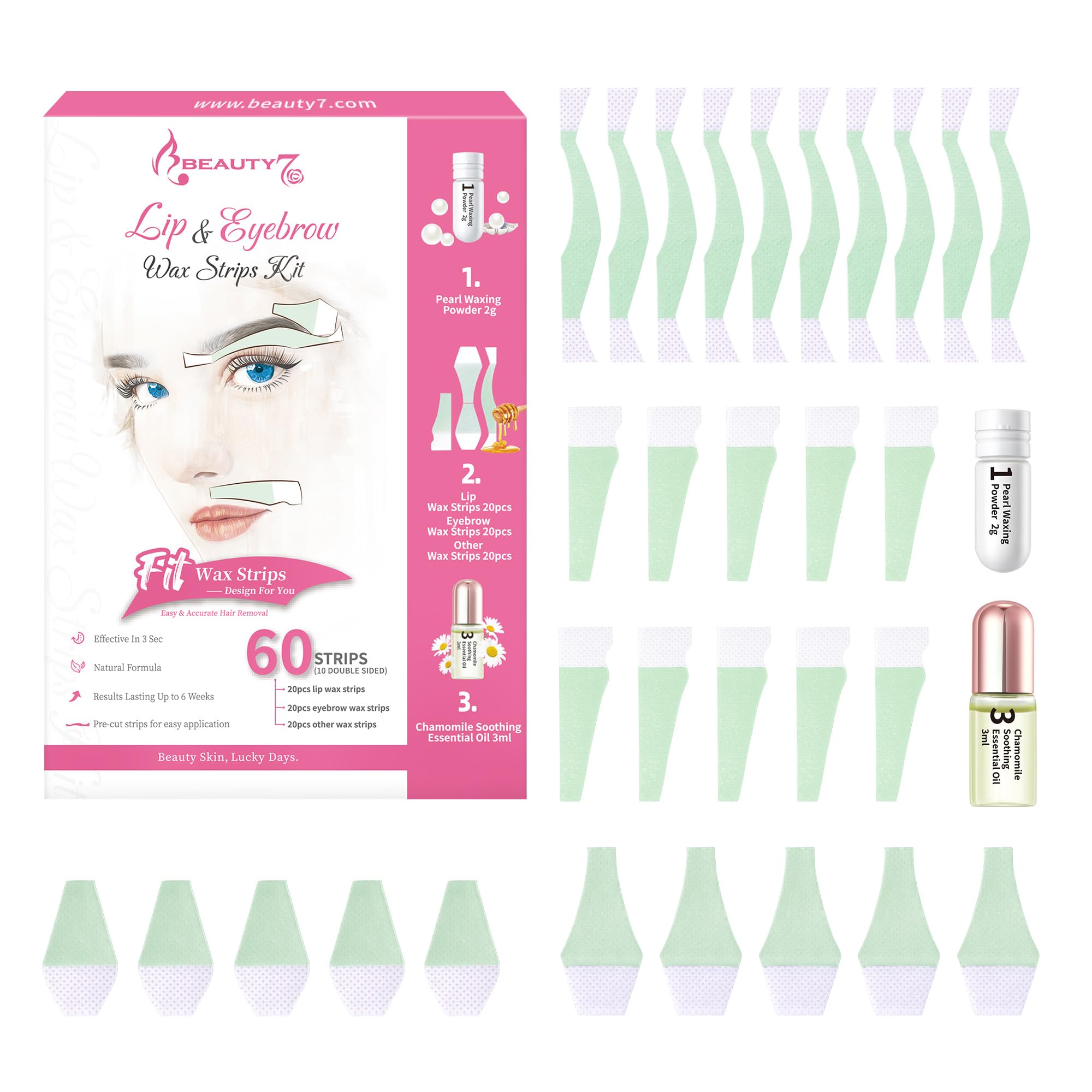Beauty7 Pre-Cut Facial Wax Strips for Women, Large Packs 60 Strips