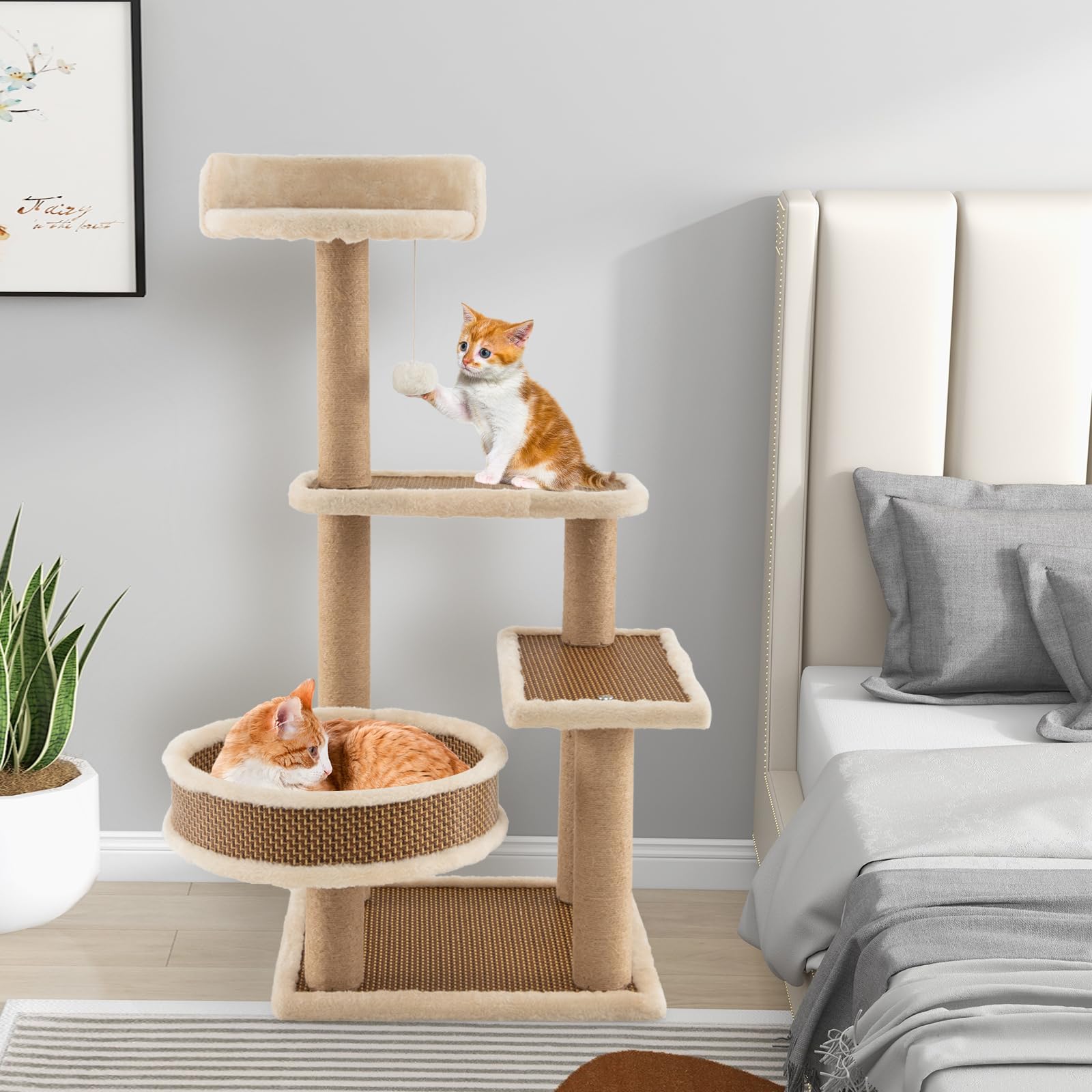 COSTWAY Torre para Gatos de Ratán, Árbol para Gatos de Interior con 3 Juguetes Colgantes, Árbol Rascador, Plataforma, Cama Espaciosa, Centro de Actividades con Tapete de Felpa (40 x 40 x 90 cm)