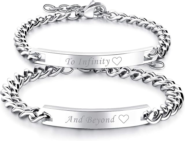 Cupimatch 2pcs His and Hers Couple Bracelets Set, Adjustable Titanium Stainless Steel to Infinity and Beyond Love Matching Bracelet Link Jewelry Set,Silver
