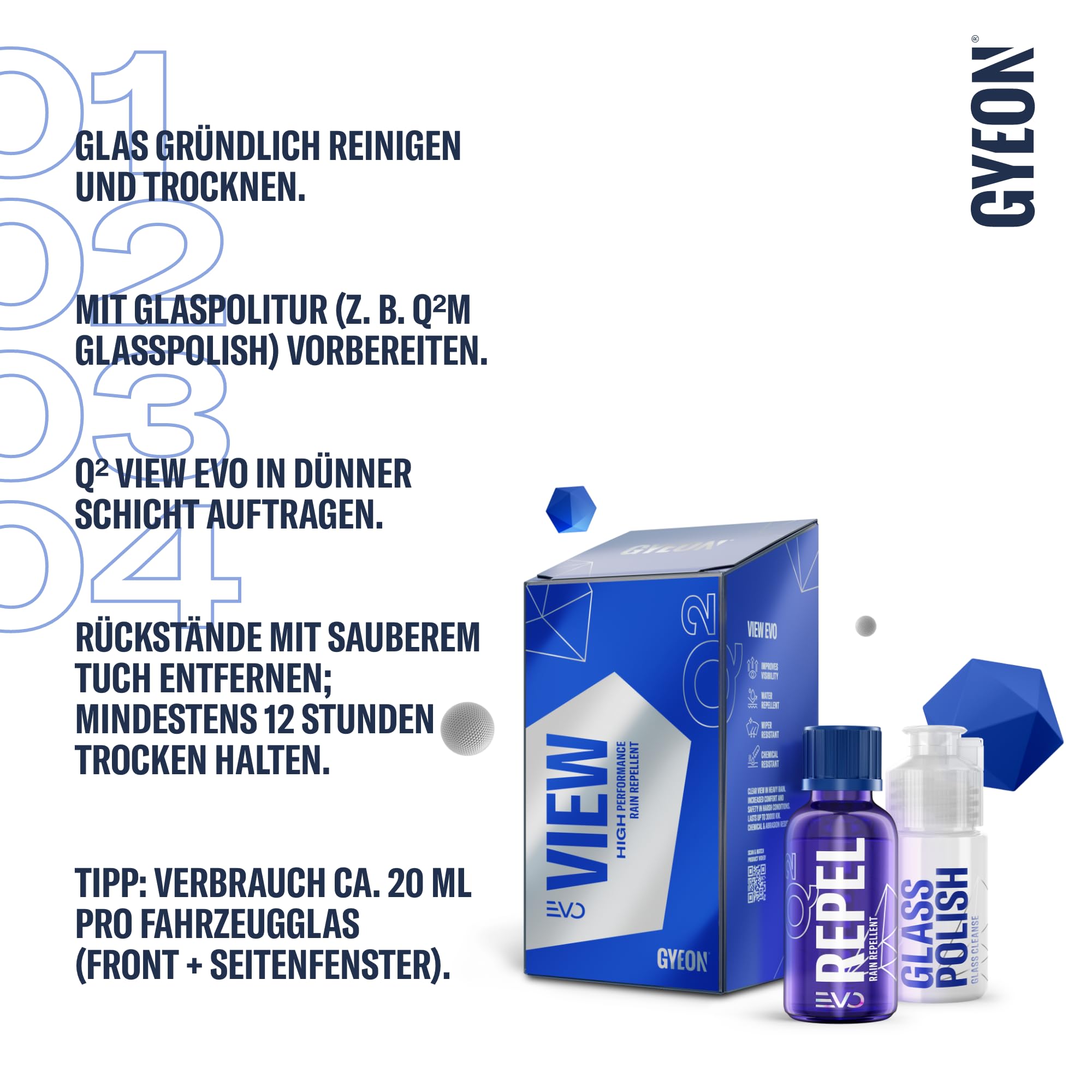 GYEON Q² View EVO – Glasversiegelung für Windschutzscheibe und Fenster, wasserabweisend, klare Sicht bei Regen, Haltbarkeit bis zu 24 Monate (20 ml)