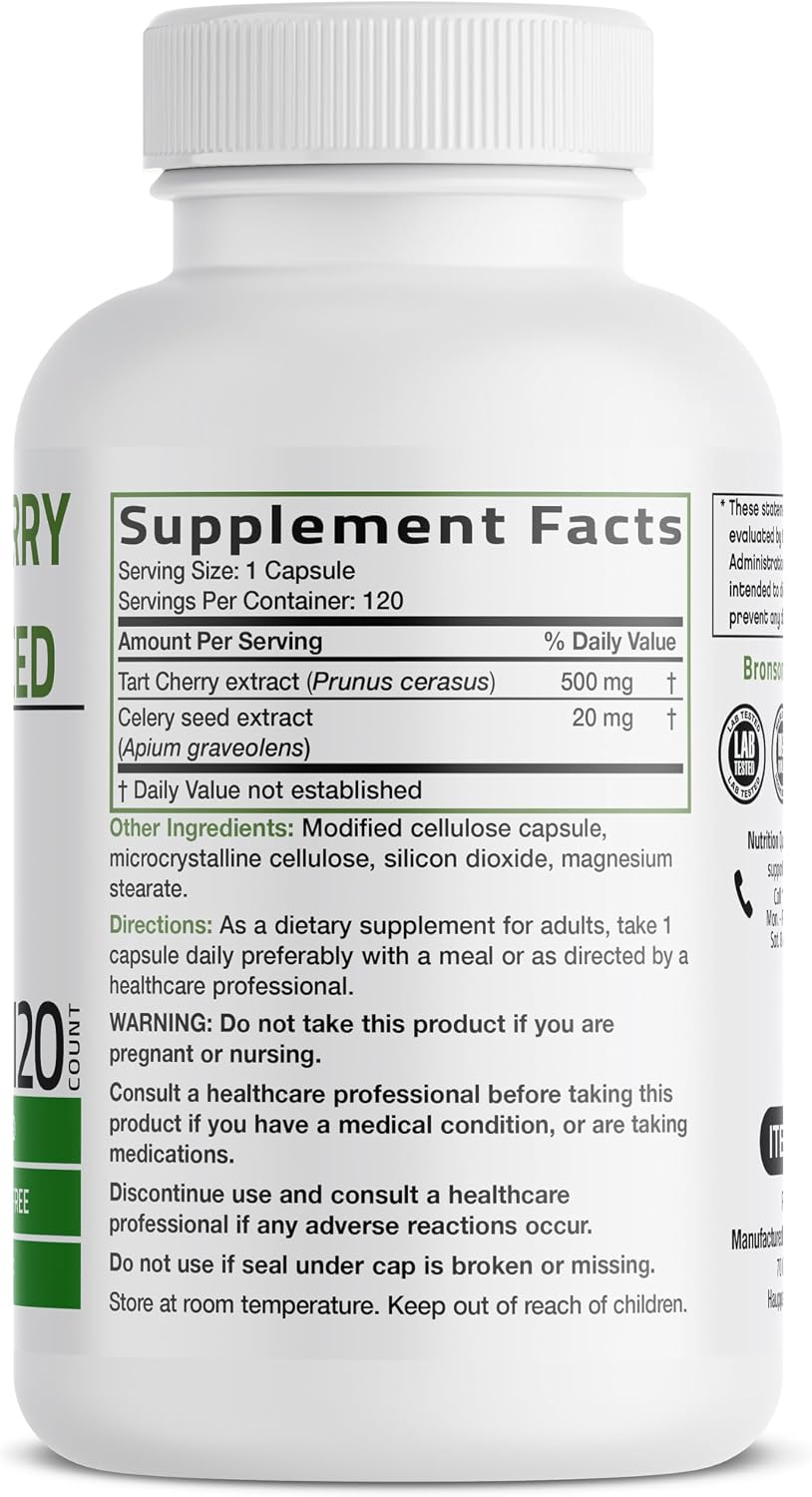 Bronson Tart Cherry Extract + Celery Seed Capsules - Powerful Uric Acid Cleanse, Joint Mobility Support & Muscle Recovery Supplement - Non GMO Formula, 120 Vegetarian Capsules