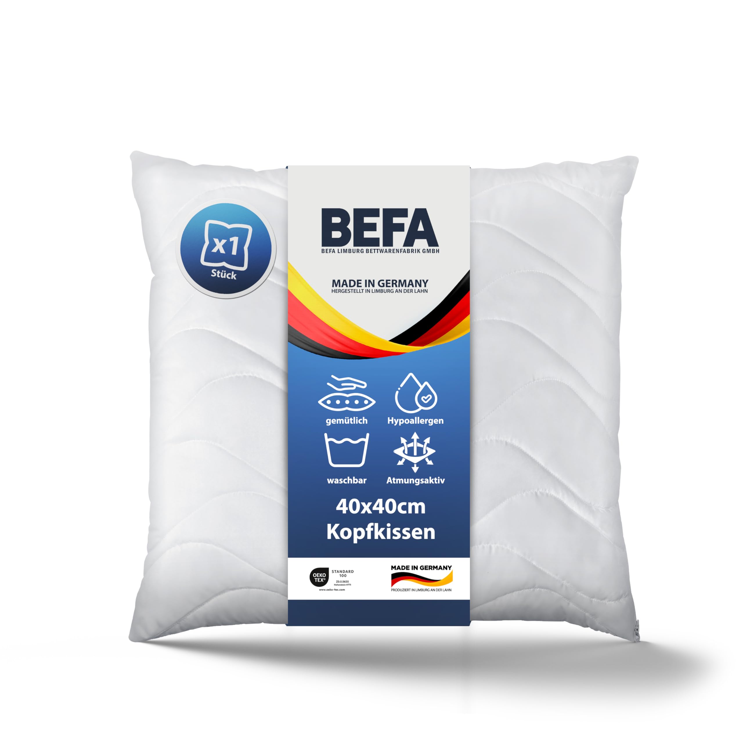 Almohada Microfibra Aloe Vera 40x40 cm – Oeko-Tex Alemania | 200g peso de relleno • Microfibra premium con Aloe Vera • OEKO-TEX Clase 1 • lavable 60 °C • Fabricado en Alemania