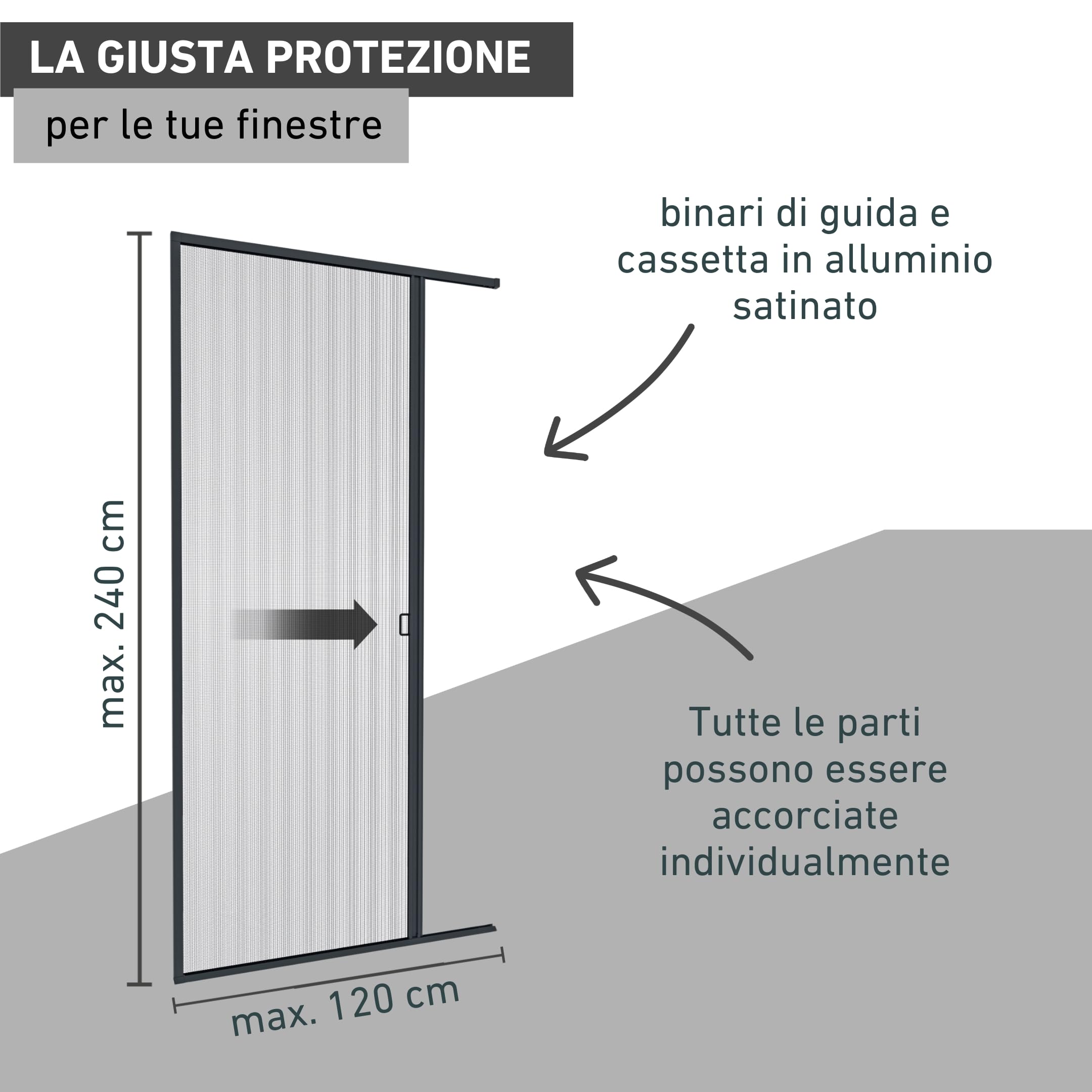 Windhager Porta Plissettata antiinsetti Expert, Telaio in Alluminio per Porte, accorciabile singolarmente, 240 x 120 cm, Antracite
