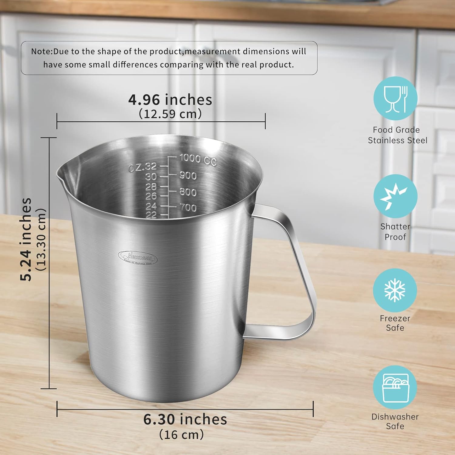 Measuring Cup, [Upgraded, 3 Measurement Scales, Including Cup Scale, ML Scale, Ounce Scale], Newness Stainless Steel Measuring Cup with Marking with Handle, 32 Ounces (1.0 Liter, 4 Cup)
