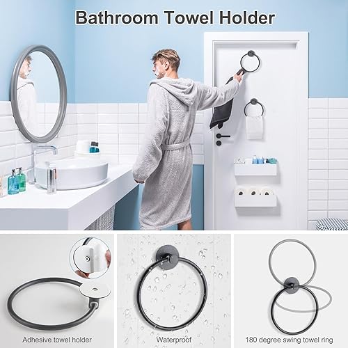 Miniatura 2 de Toallero para baño, anillo de toalla negro mate, 2 toallas de mano adhesivas montado en la pared, colgador de toallas para baño y cocina, accesorios