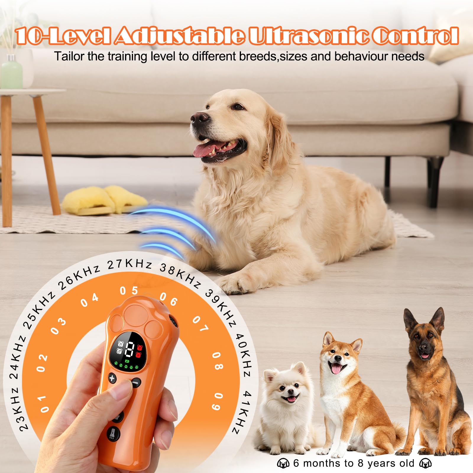 Podazz Torcia deterrente per la corteccia del cane regolabile a 10 livelli – Dispositivo di addestramento per animali domestici ricaricabile tramite USB, dispositivo ad ultrasuoni anti-abbaio con luce