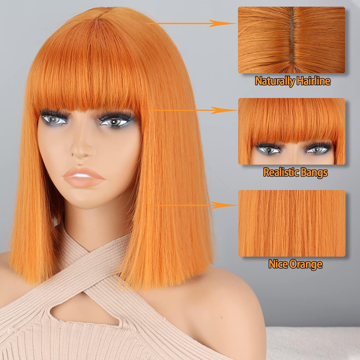 Short Orange Bob Wig with Bangs,Straight Bob Orange Wigs for Women,Cosplay Colorful Ginger Bangs High Temperature Heat Resistant Wigs for Women