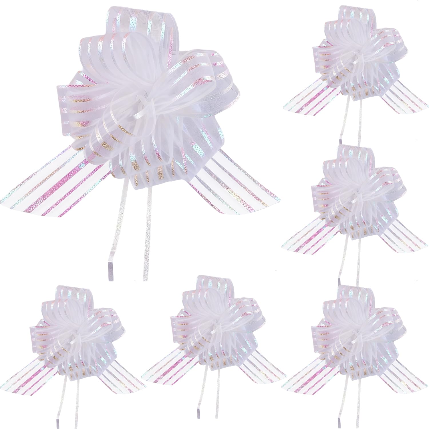 Lazos Grandes de Cinta para Regalo | Lazos Desplegables Blancos de Cinco Hilos - 6 Piezas