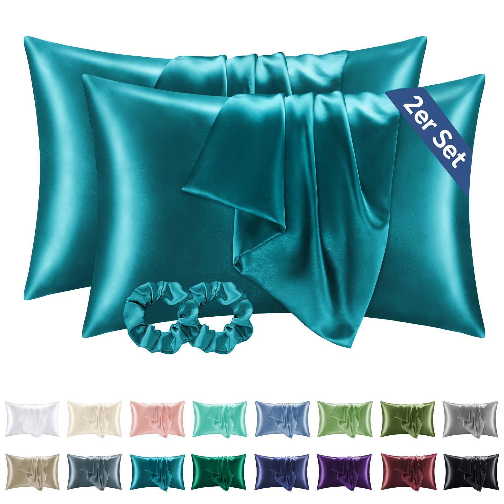 BEDELITE Satin Kissenbezug 40x60 Petrol - Kopfkissenbezug 2er Set Weich wie Seidenkissenbezug 40 x 60 Sommer mit 2 Haargummis für Haar und Haut, Similar to Silk Pillowcase Pillow Cover