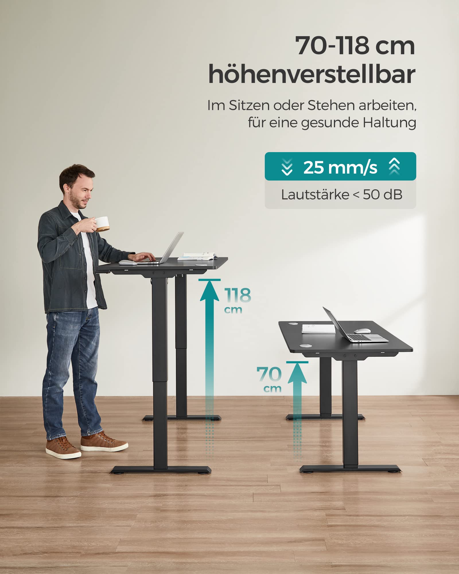SONGMICS Tischgestell, höhenverstellbar, Schreibtischgestell, elektrischer Schreibtisch, Tischständer mit Motor, Länge verstellbar, Stahl, schwarz LSD010B01