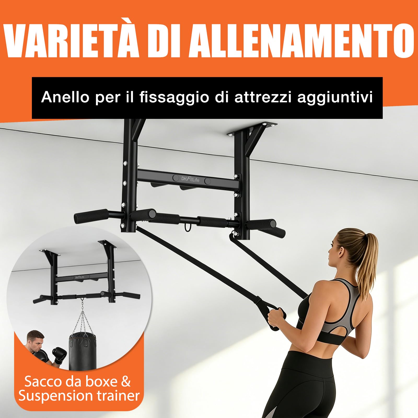 DH FitLife Sbarra per Trazioni da Soffitto 4 in 1 fino a 300 kg, Pull Up Bar Multifunzione per Home Gym, 8 Impugnature Antiscivolo, 3 Occhielli per Sacco da Boxe & Sling Trainer, Stabile & Sicura