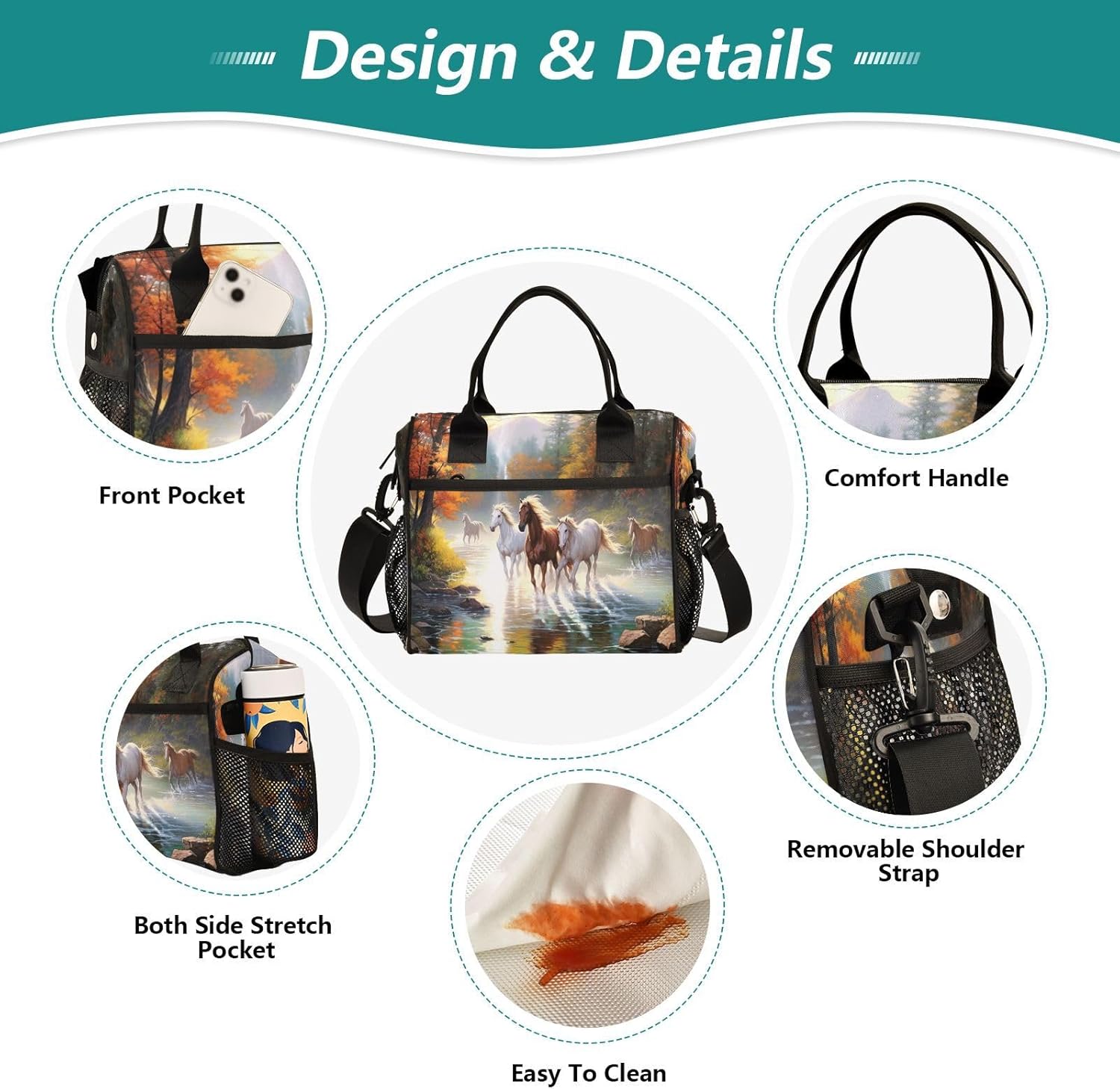 Lunch Bags Horses Painting Insulated Reusable Lunch Box Large Leakproof Adult Lunch Cooler Bag with Adjustable Shoulder Strap for Picnic, Work, Camping,Medium