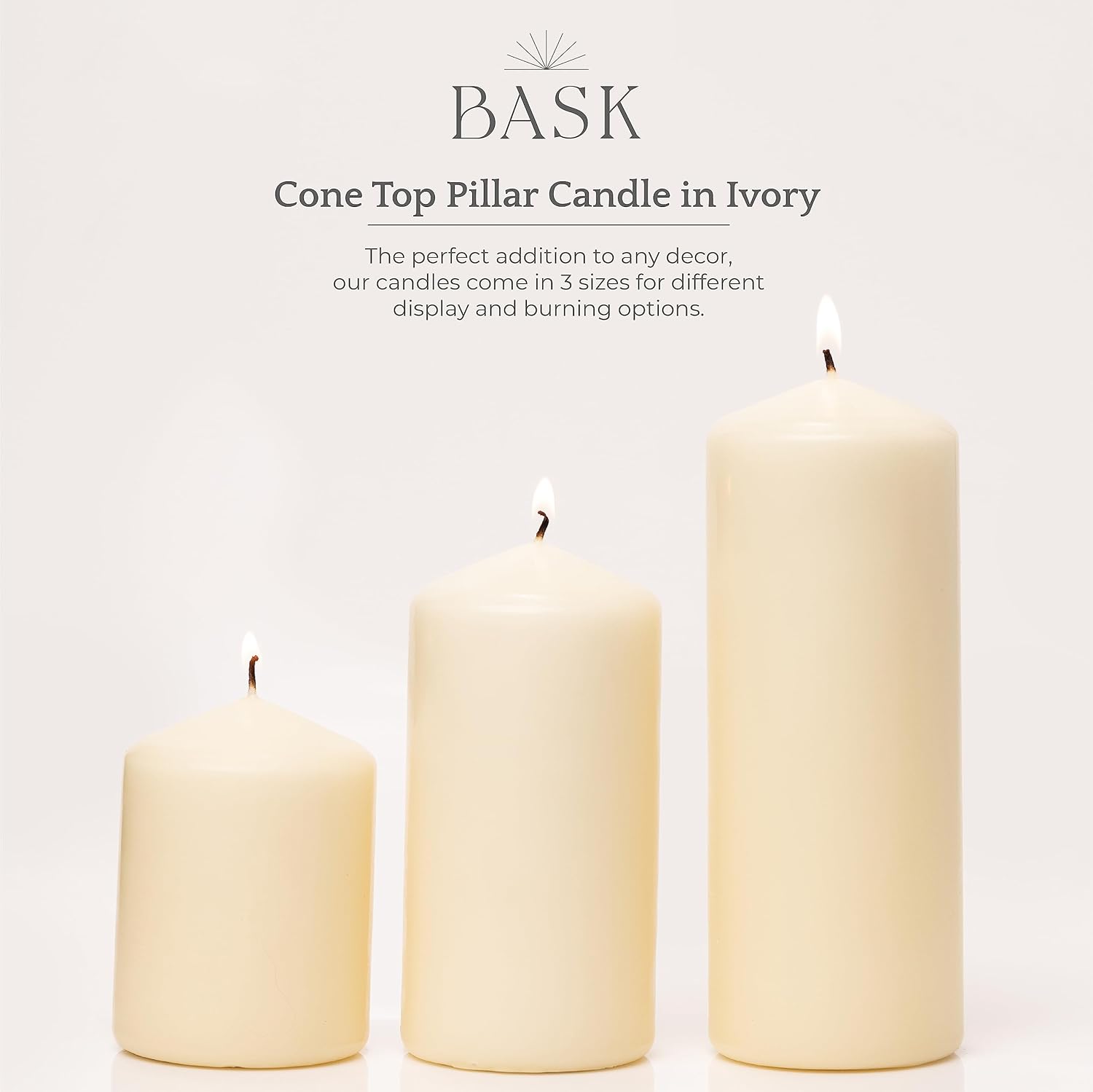 Bask Cone Top Pillar Candles - Elegant Ivory Candles - Set of 3 Ivory Pillar Candles - 3"x4", 3"x6", and 3" x8 - Smokeless and Dripless Decorative Candles for Home Decor and Relaxation - Image 6