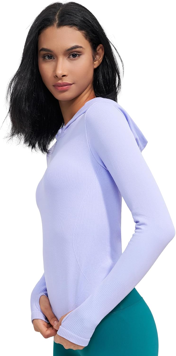 Womens Hooded Athletic Long Sleeve Running Shirts Workout Yoga Tops with Thumb Holes Slim Fit - Image 6