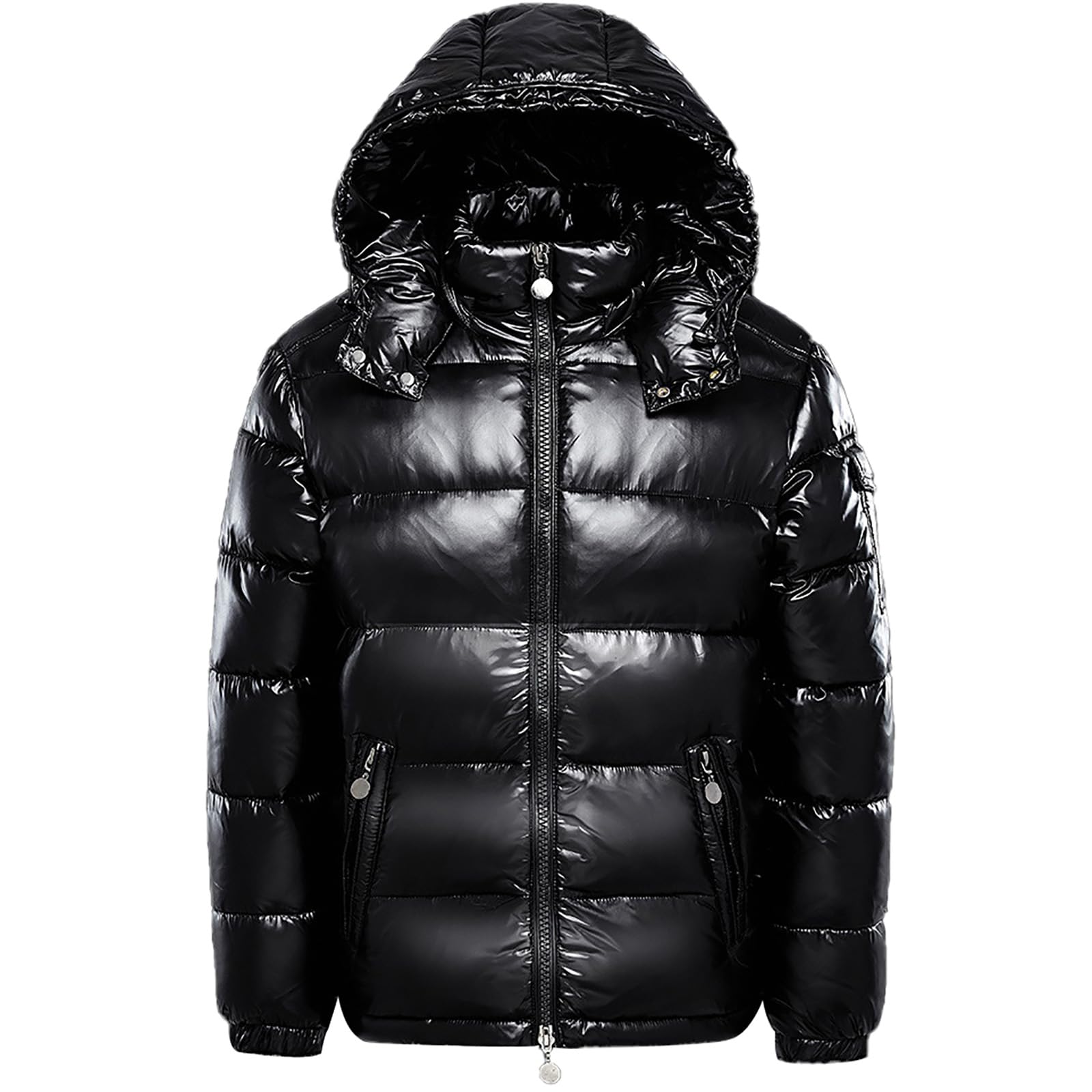 Winterkapuzenjacke, warm, mittleres Gewicht, Metallic-Daunenjacke, Reißverschluss, Steppung, glänzender Puffermantel, Schwarz , M