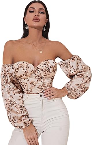 Floerns Corsé corto de manga larga con hombros descubiertos para mujer con cordones en la espalda