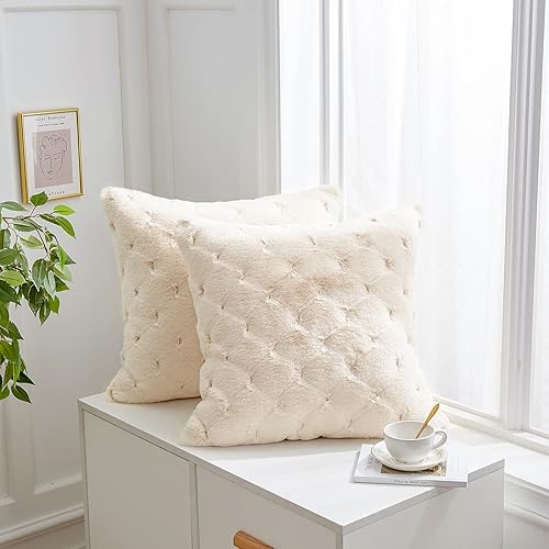 Miniatura 4 de Juego de 2 fundas de cojín decorativas de piel sintética a rayas para sofá, dormitorio, automóvil, 20 x 20 pulgadas, beige y blanco