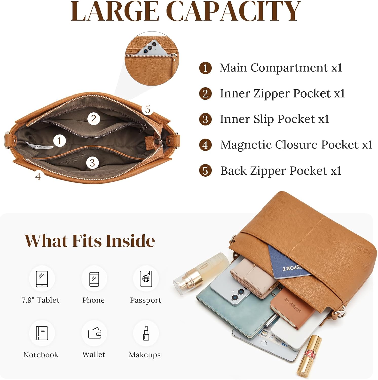 S-ZONE Crossbody Bags for Women Genuine Leather Purses Small Shoulder Bag Designer with Adjustable Strap - Image 4