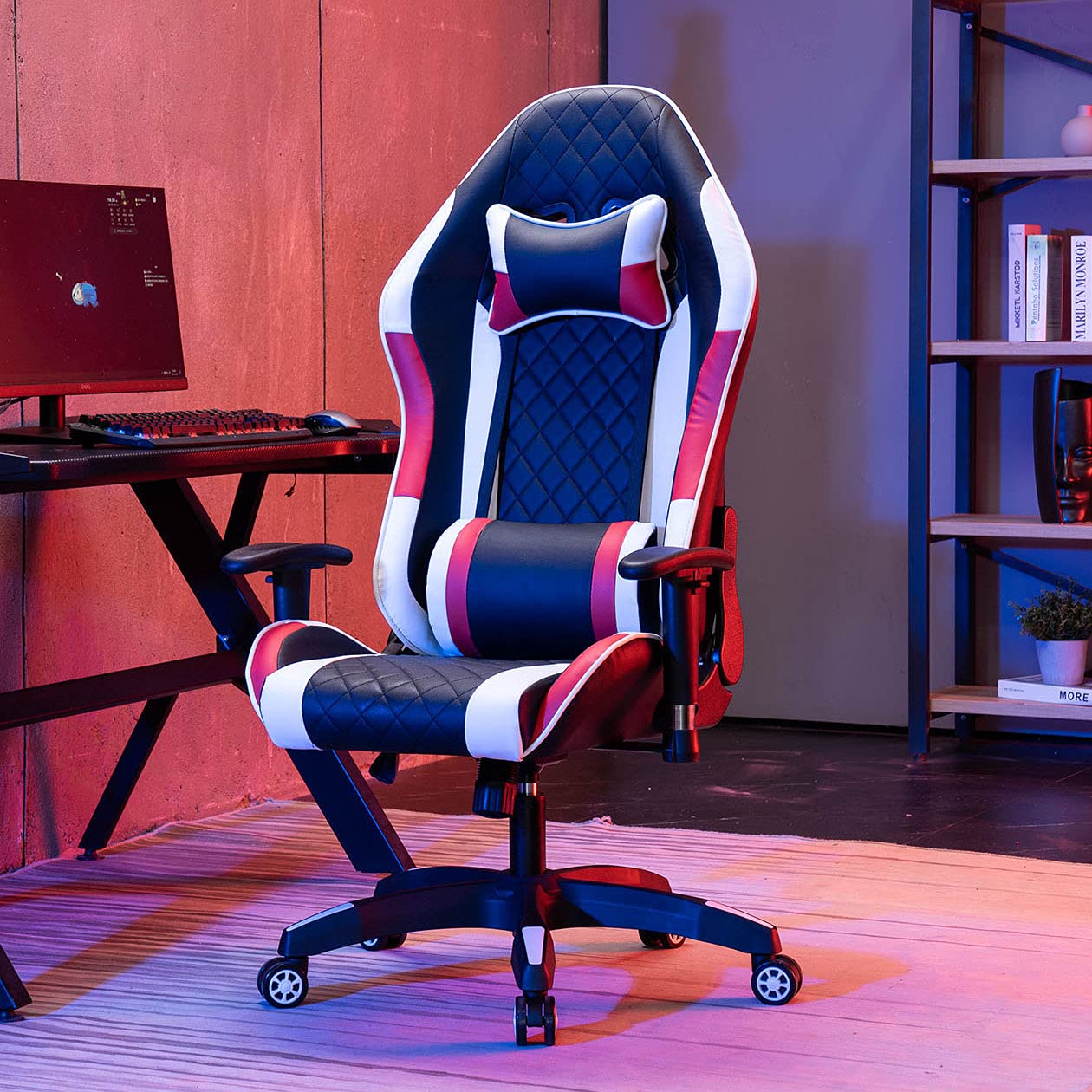 MELLCOM Gaming Chair Computer Game Chair Office Chair Ergonomic High Back PC Desk Chair, Height Adjustment Swivel Rocker with Headrest and Support Lumbar Pillow, Red Black