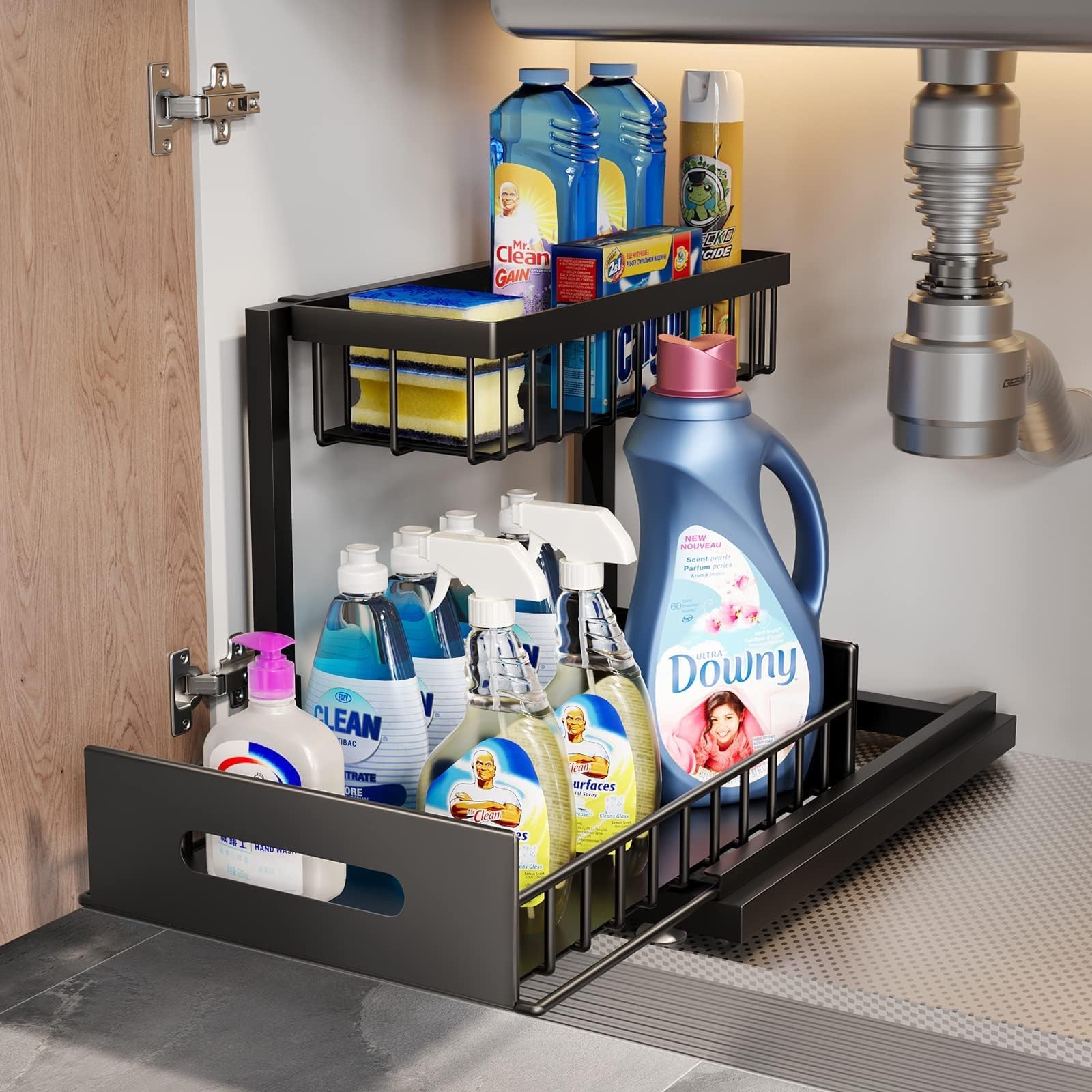Bnimtm Metal Under Sink Storage - 2 Tier Under Sink Storage Kitchen Organiser with Sliding Storage Drawer - Under Sink Organiser with Upgrade Suction Cups Stay On Cupboard Firmly Plus Size