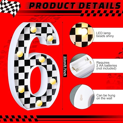 Miniatura 3 de Maxcheck Números iluminados de coches de carreras en blanco y negro, letrero decorativo de números de tablero de ajedrez, decoración de fiesta de