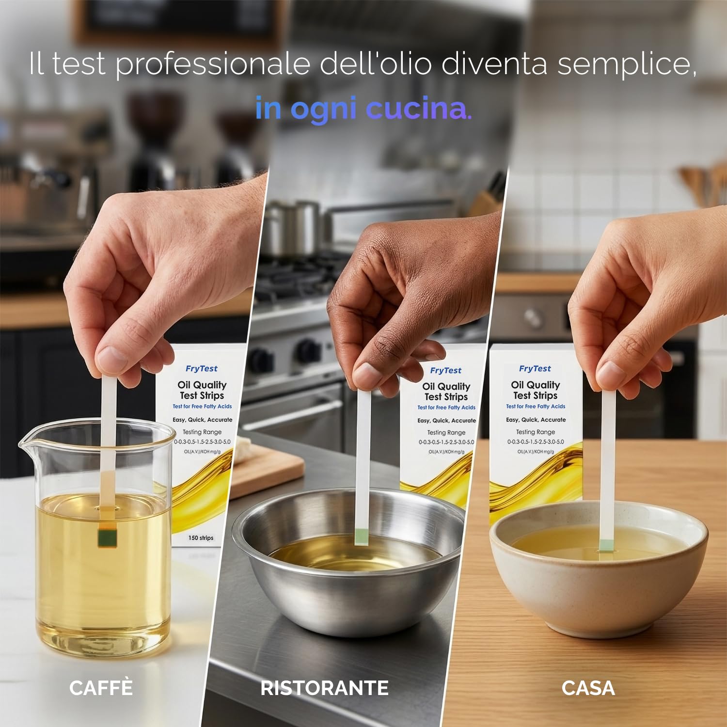 Strisce Test Olio Frittura FFA – App Gratuita Inclusa – Controllo Qualità HACCP – Certificato ISO 9001 – 150 Strisce – Tester Olio Friggitrice Ristoranti Cucina Professionale