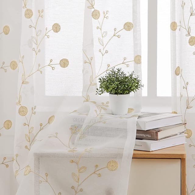 CAROMIO Voile Curtains 90 Drop Pair, Floral Embroidered Linen Look Eyelet Sheer Window Net Curtain Panels for Bedroom Living Room, White, 52 x 90 Inch 2 Panels
