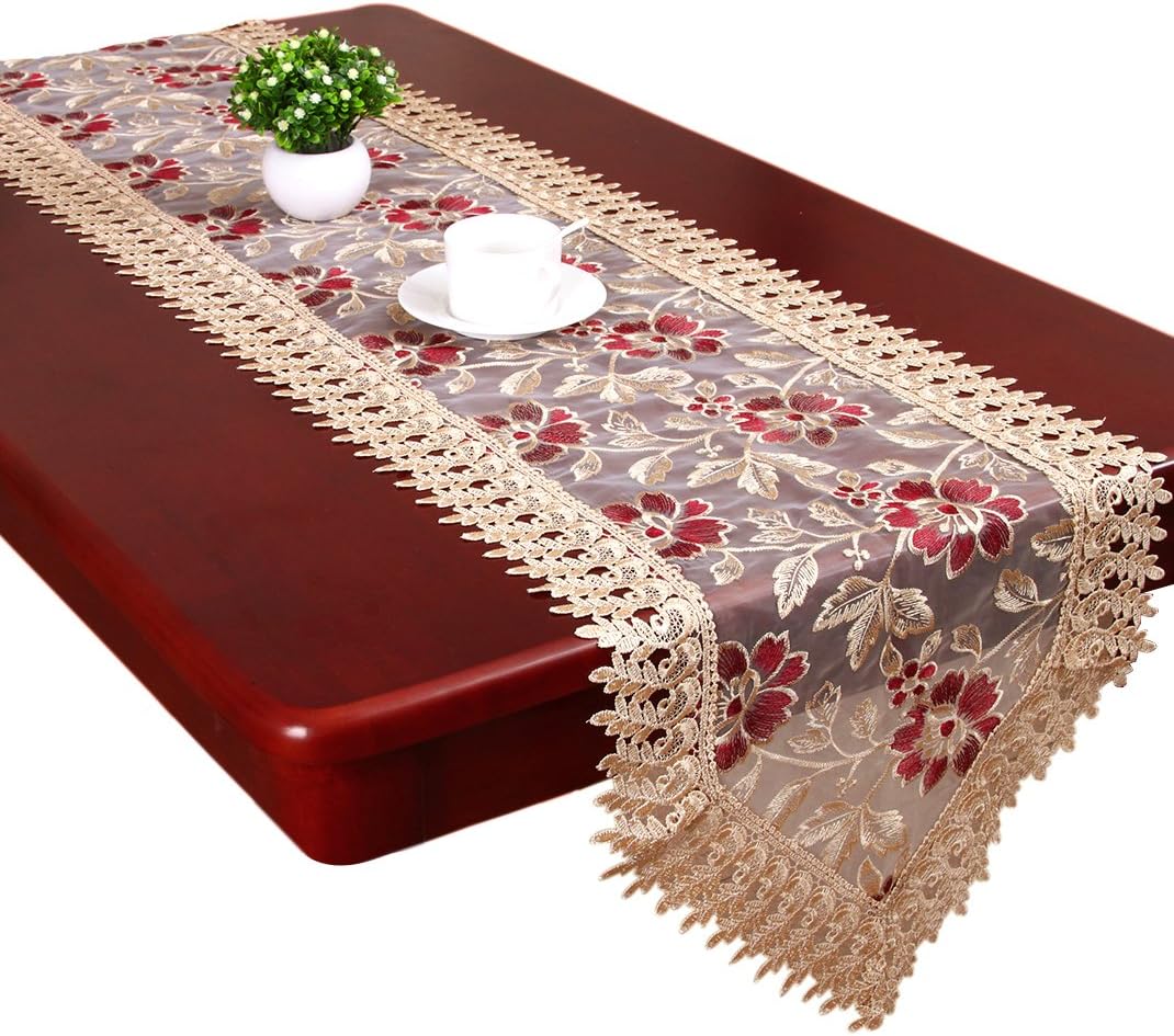 Grelucgo Small Short Burgundy Lace Doily Table Runners Dresser Scarves (13 x 36 inch)