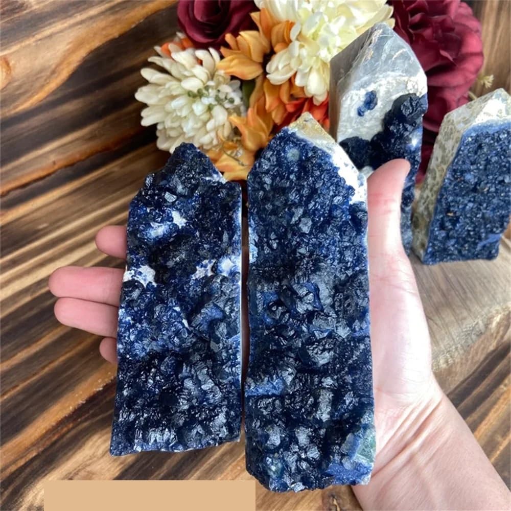 AARTERZZA 1pc 50-100g Ultra Rare Blueberry Fluorite Crystal Cluster Tower– Large with White Quartz Tower Deep Blue-Purple Color