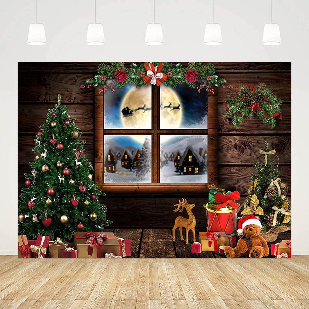 ABLIN 10x7ft Merry Christmas Backdrop for Photoshoot Christmas Eve Moon Xmas Tree Gift Reindeer Window Photography Background Holiday Party Decorations Soft Fabric Photo Studio Props