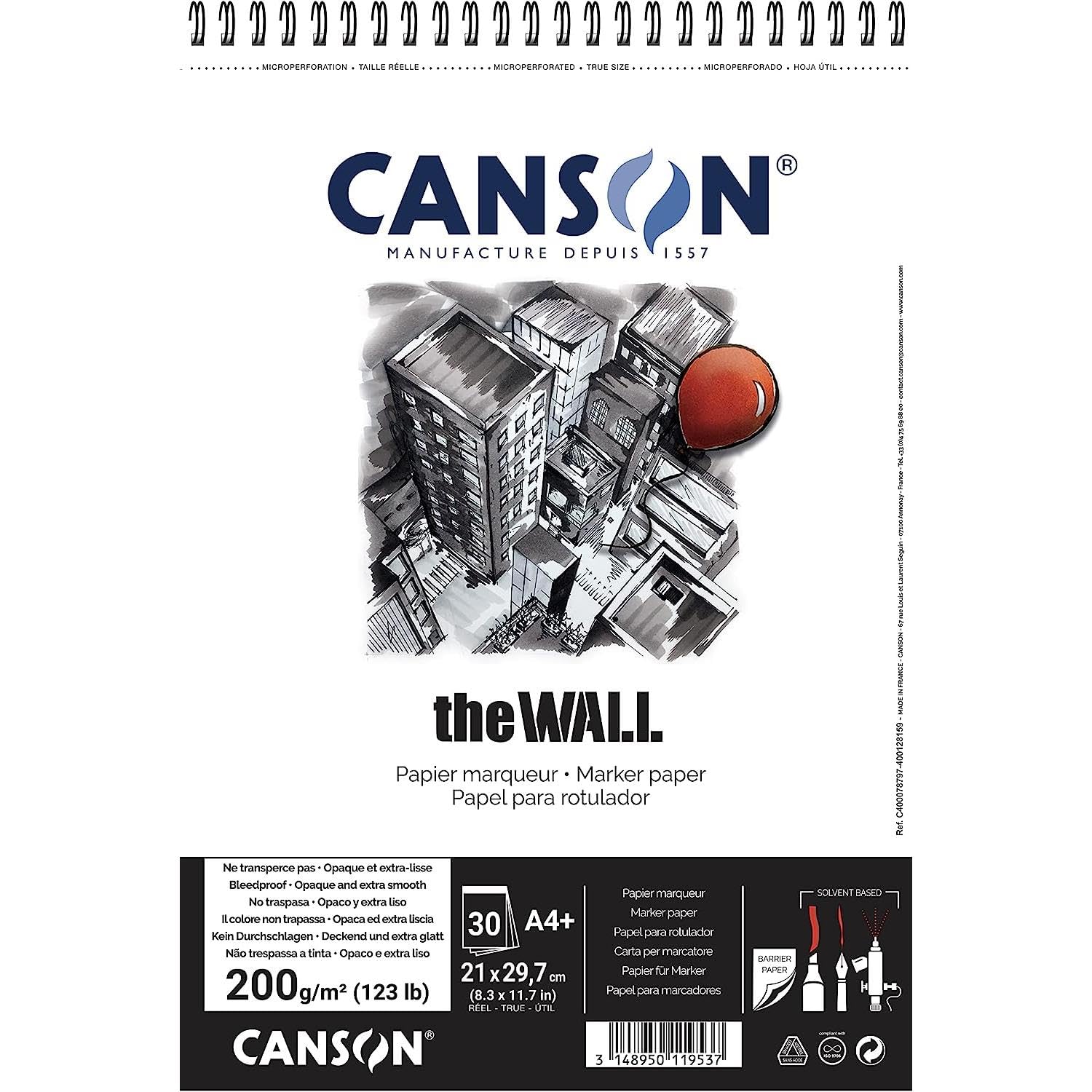 CANSON Lot de 5 Blocs 30 Feuilles Dessin Spiralé "The WALL" A4 200 g Blanc Mat Très Lisse