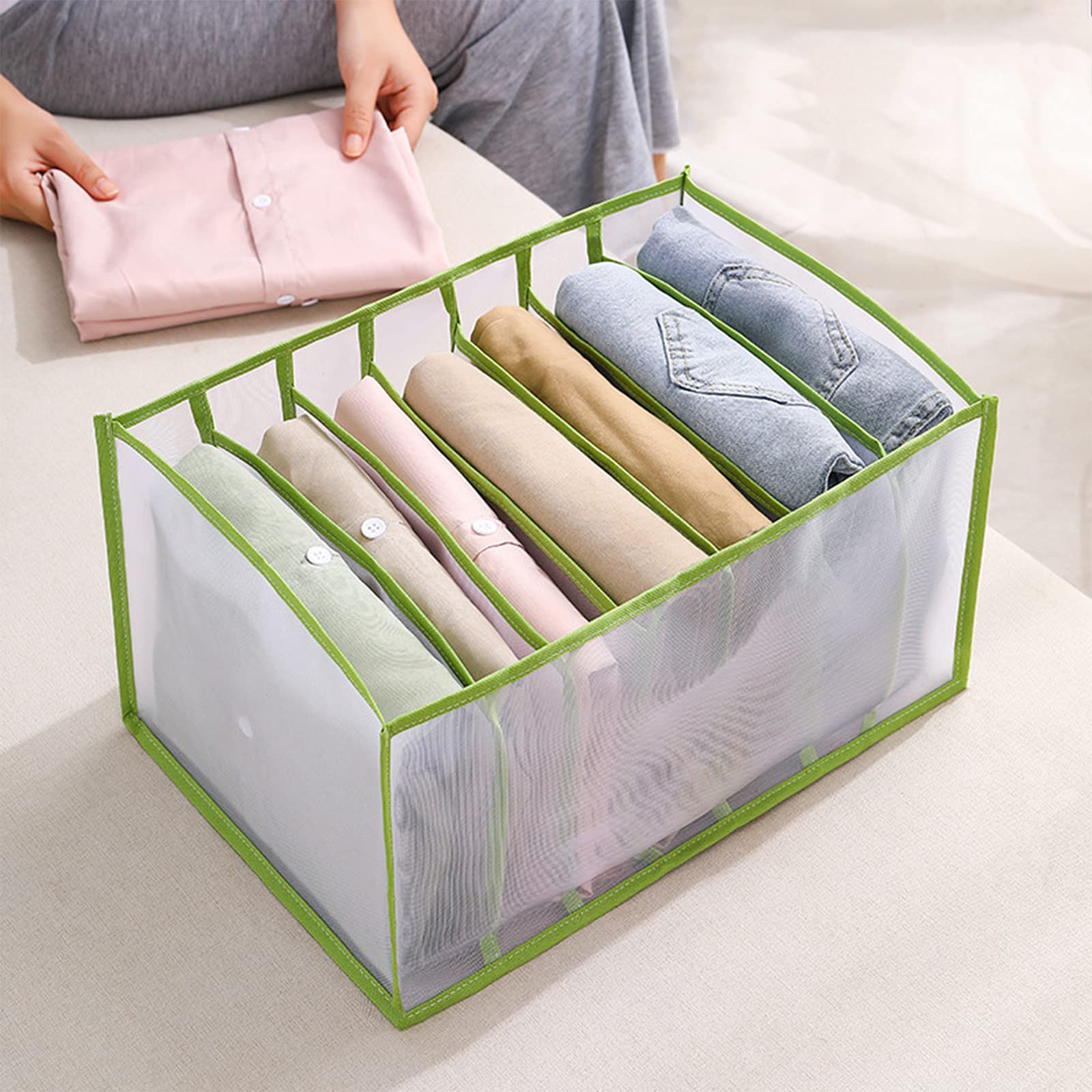 DihopeDihope Clothes Drawer Organizer Jeans Storage Box Large Size Grids Wardrobe Storage Foldable Drawer Divider for Legging T-Shirt Pants（Green，25x36x20 7 grids-Jeans）