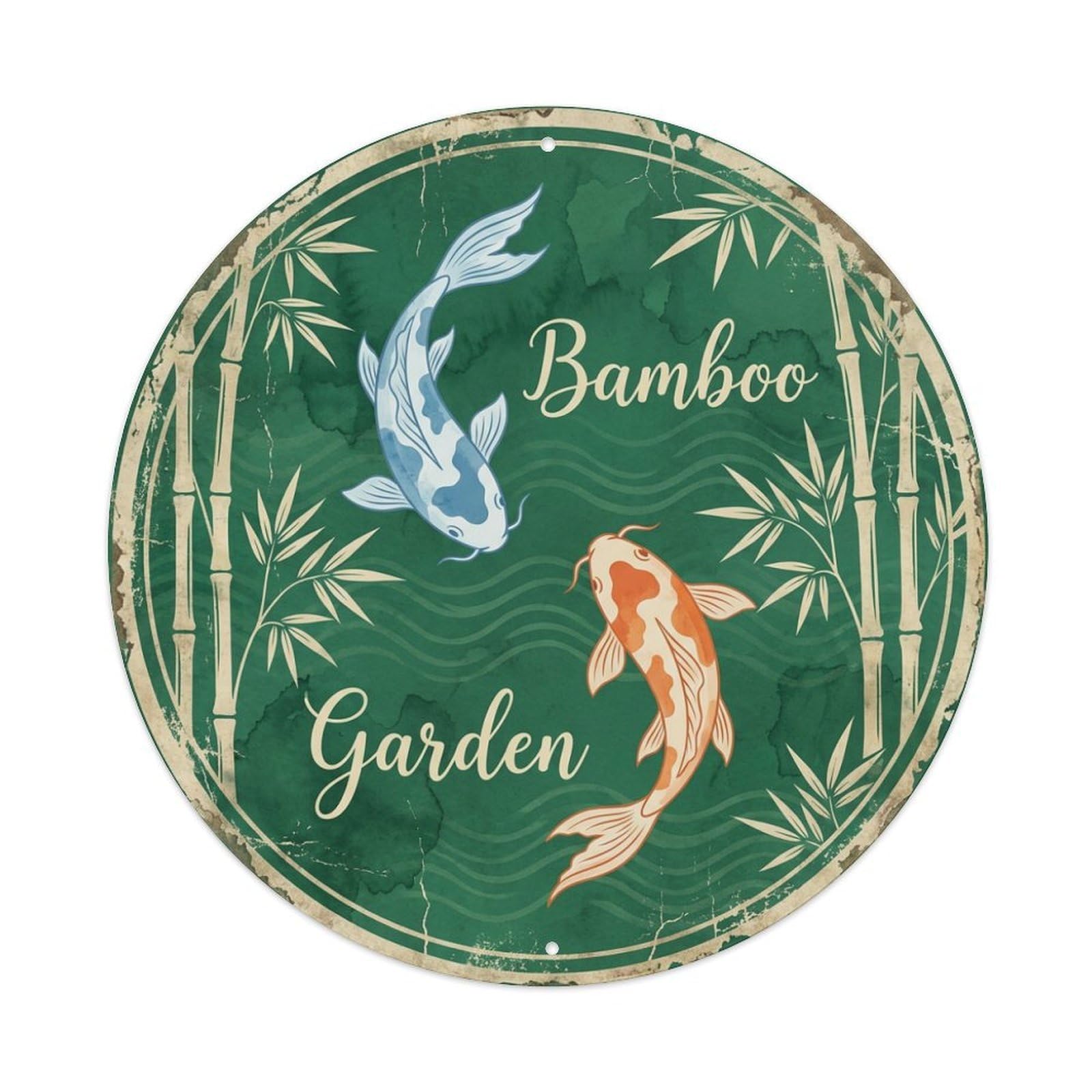 Metal Tin Sign Koi Fish Bamboo Garden Japanese Retro Ukiyo-e