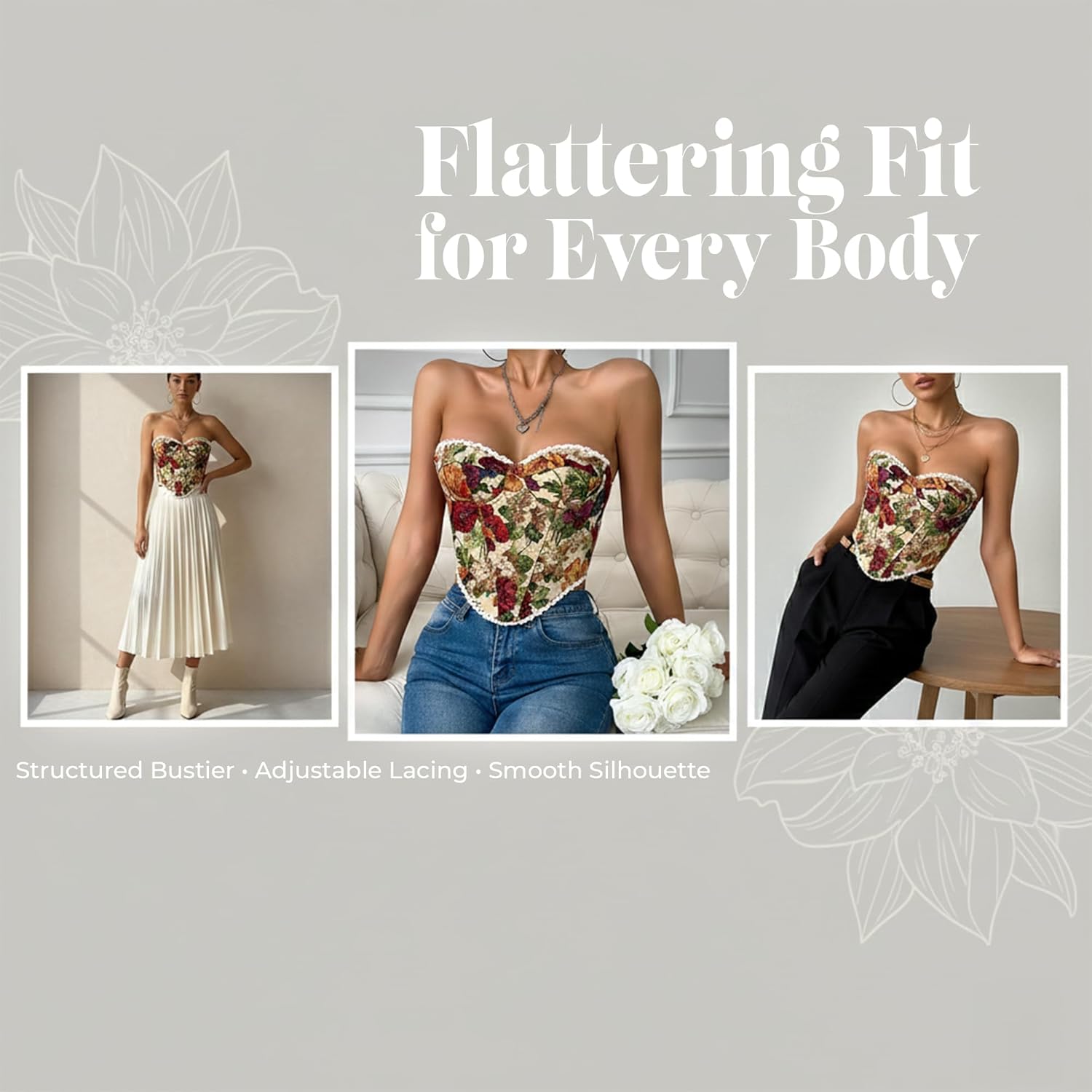 Women Corset Top Floral, French Inspired Style, Fashion Design, Sleeveless Bustier, Vintage Aesthetic, Party and Casual Wear