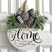 Rustic Round Wood Welcome Sign for Front Door - Bless This Home Wreath, All-Season Outdoor Porch Hanging Decor by ULIOMU